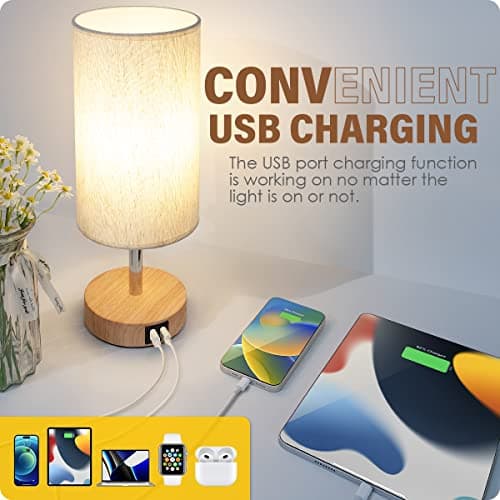 Yarra-Decor Touch-Control Bedside Table Lamp with USB, 3-Way Dimmable, Round Fabric Shade