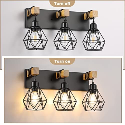 Rustic 3-Light Wood Bathroom Vanity Light with Elegant Metal Shade for Bathroom, Living Room, Hallway