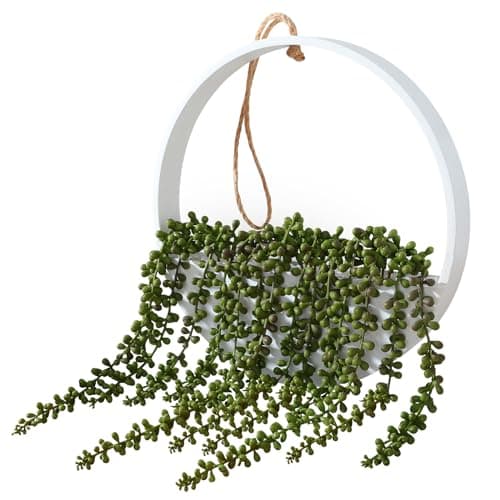 Floweroyal 2pcs Artificial Succulents Hanging Plants with 8.3'' Lanyard Pot Decor (Wood Color) — Green-large-1pcs
