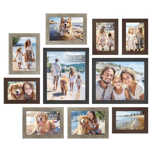 SONGMICS Collage Picture Frames Set of 10, Rustic Brown Glass — Maroon Brown + Heather Greige + Ash Black