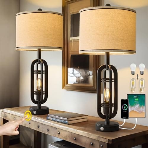 23.75" Industrial Black Metal Living Room Table Lamp Set of 2 Bedside Touch Lamps with USB — Black - 27.25'' Lamps