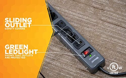 Metal Surge Protector with 6 Outlets and 3' Cord for 900J Protection, One Size, Black