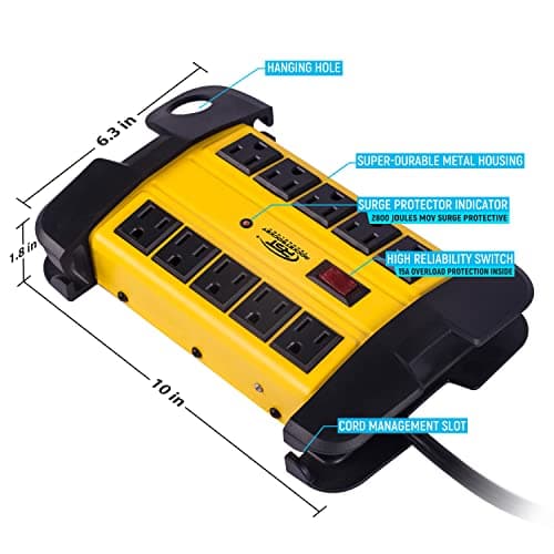 CRST 10-Outlet Heavy Duty Power Strip with 15-Amp Surge Protector, 15-Foot Cord, ETL Listed (Yellow)