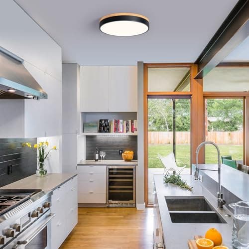 Minimalist Black 15.7" Dimmable LED Oak Flush Mount Ceiling Light