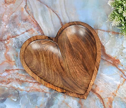 EDHAS Mango Wood Curved Heart Decorative Bowl for Table Centerpieces (10" x 10" x 1.5")