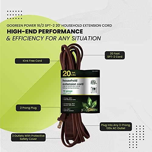 Go Green Power Inc. 20ft Brown Household Extension Cord, 3 Outlets, Indoor Use