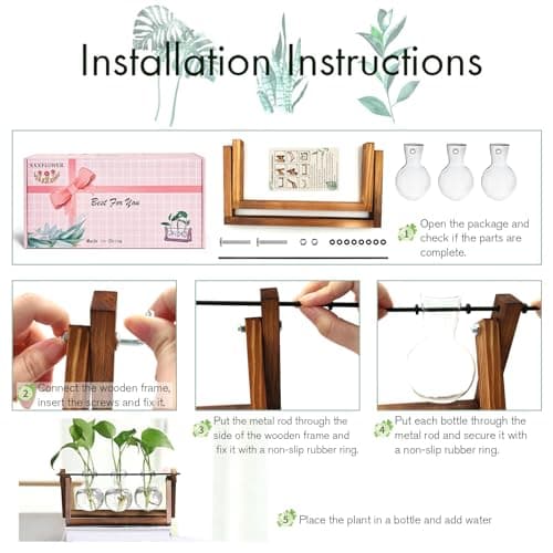 Retro Wooden Stand Plant Terrarium with 3 Bulb Vase for Home Garden Office
