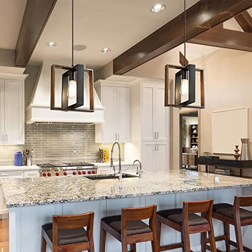 EDISHINE Farmhouse Pendant Light, Rustic Wood Grain & Black Finish, Adjustable Cord Kitchen Island Dining Room Hallway