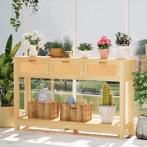 Natural Wood Rattan Console Table with 3 Drawers, Behind Couch