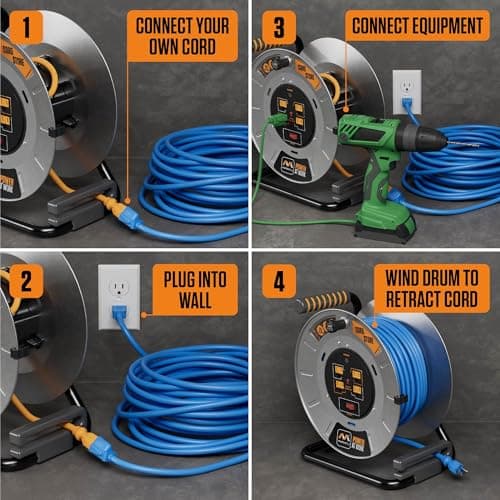 1ft Metal Cord Reel with Safety Breaker & 4 Outlets, 15A 12AWG Cable