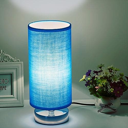 Fabric Wooden Table Lamp, Cylinder Black Base, Bedside & Desk Lamp — Blue