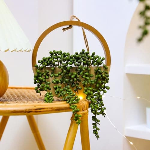 Floweroyal 2pcs Artificial Succulents Hanging Plants with 8.3'' Lanyard Pot Decor (Wood Color)