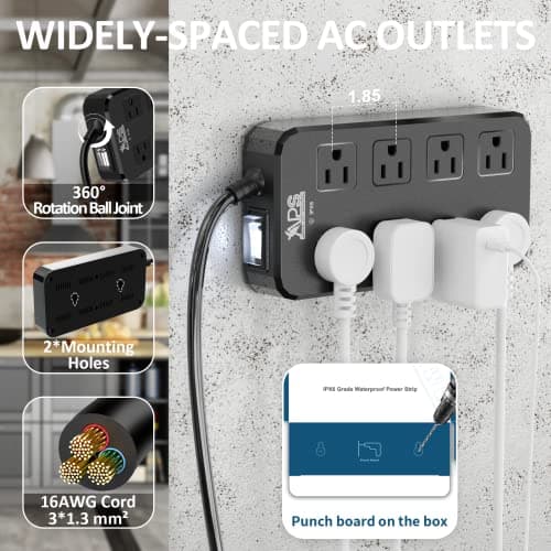 Outdoor Power Strip, Weatherproof and Waterproof Surge Protector with 8 Outlets for Outdoor Decorations