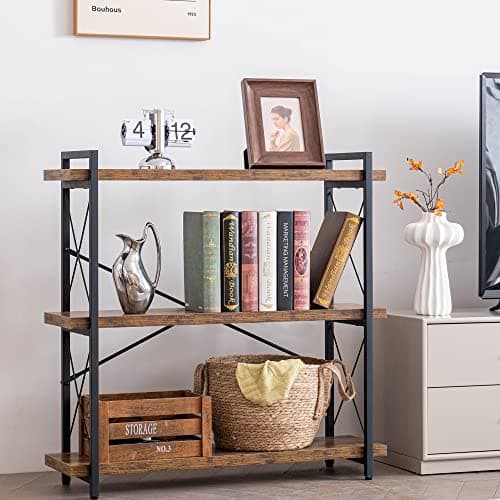 HCHQHS 3-Tier Rustic Wood and Metal Bookshelf