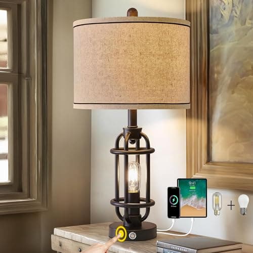 23.75" Industrial Black Metal Living Room Table Lamp Set of 2 Bedside Touch Lamps with USB — Black - Single Lamp