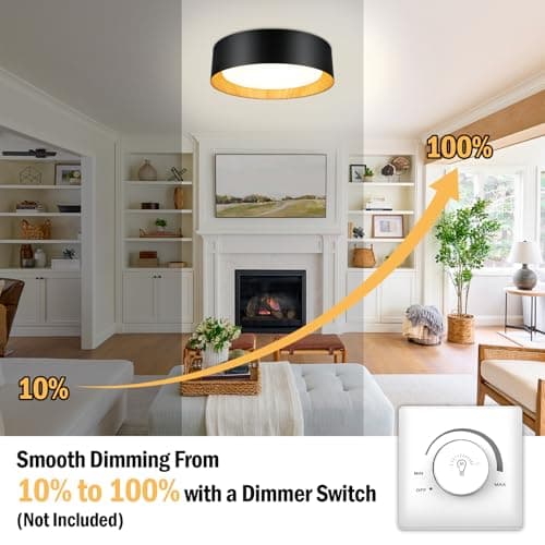 13in 250W Equivalent Dimmable 3CCT Adjustable LED Flush Mount Ceiling Light, Black & Wood