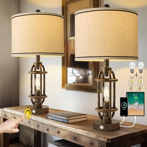 23.75" Industrial Black Metal Living Room Table Lamp Set of 2 Bedside Touch Lamps with USB — Bronze - 23.75'' Lamps