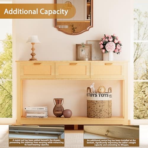 Natural Wood Rattan Console Table with 3 Drawers, Behind Couch