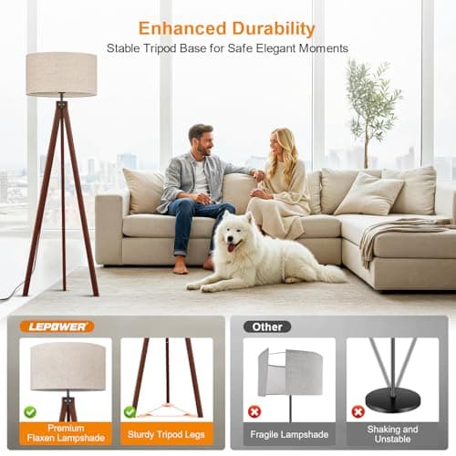 LePower Mid Century Wood Tripod Lamp, Modern Studying Light for Living Room & Office