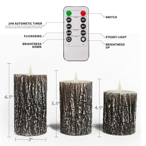 Niceme Real Wax Flameless Pine Bark Candles Set of 3 with Remote Timer