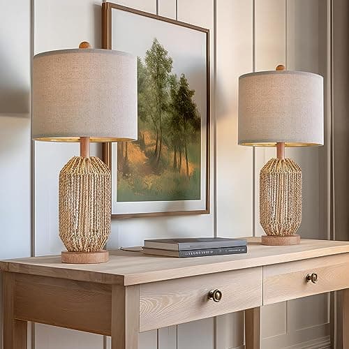 OYEARS 21" Boho Rattan Table Lamp for Living Room and Bedside, Brown, Retro Style — Brown - Pack 2