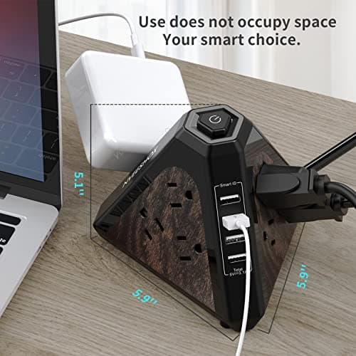 NVueShox Power Strip Tower, 9 AC & 4 USB, 6.5 Ft Cord, Surge Protector, Wood Grain