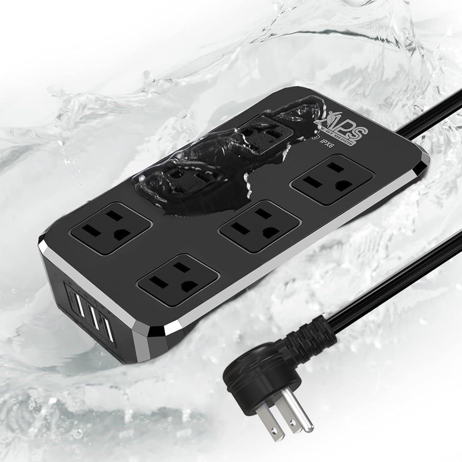 Weatherproof IPX6 Outdoor Power Strip with 6 Outlets & 3 USB Ports (Black)