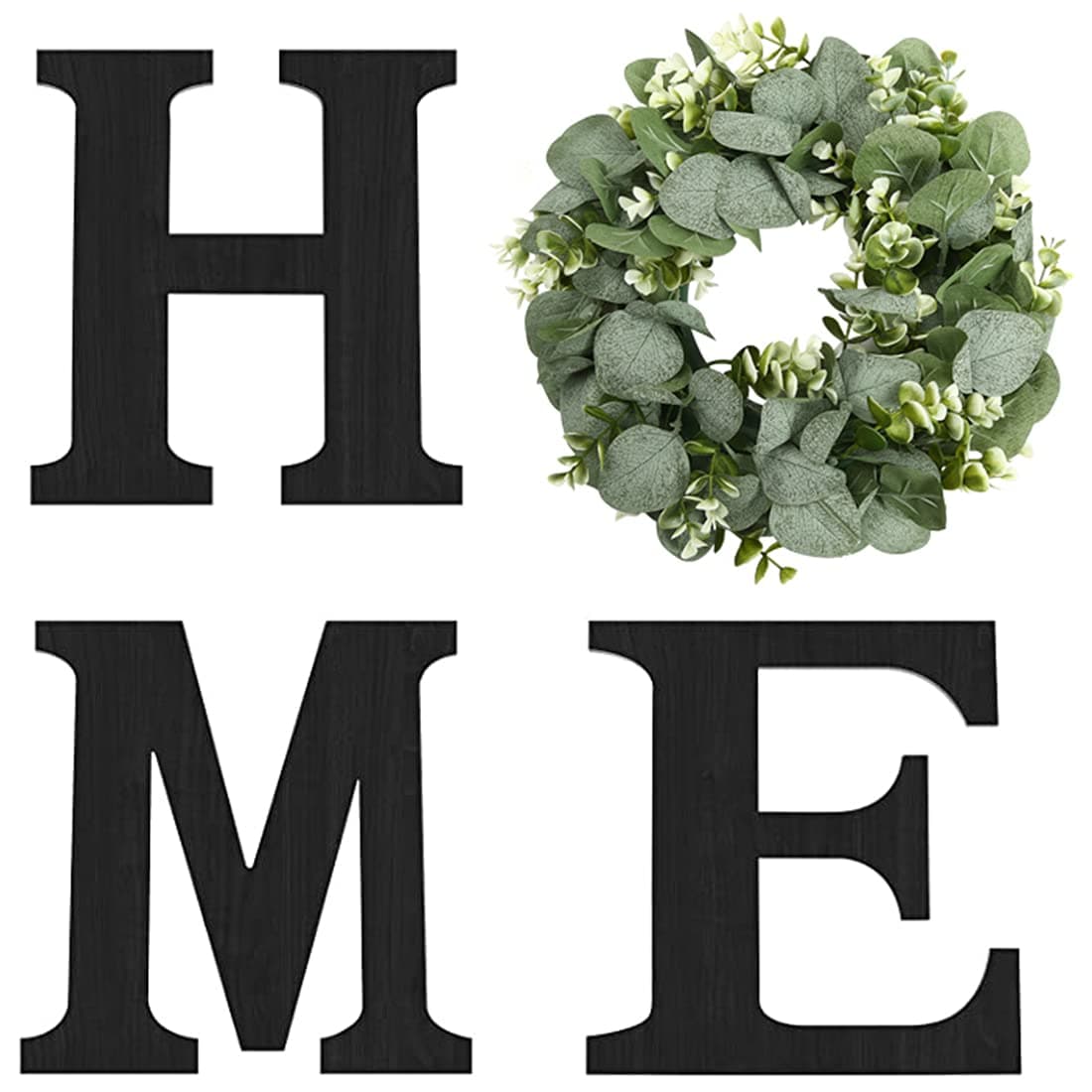 Black Wood Home Sign with Artificial Eucalyptus Wreath for Wall Decor
