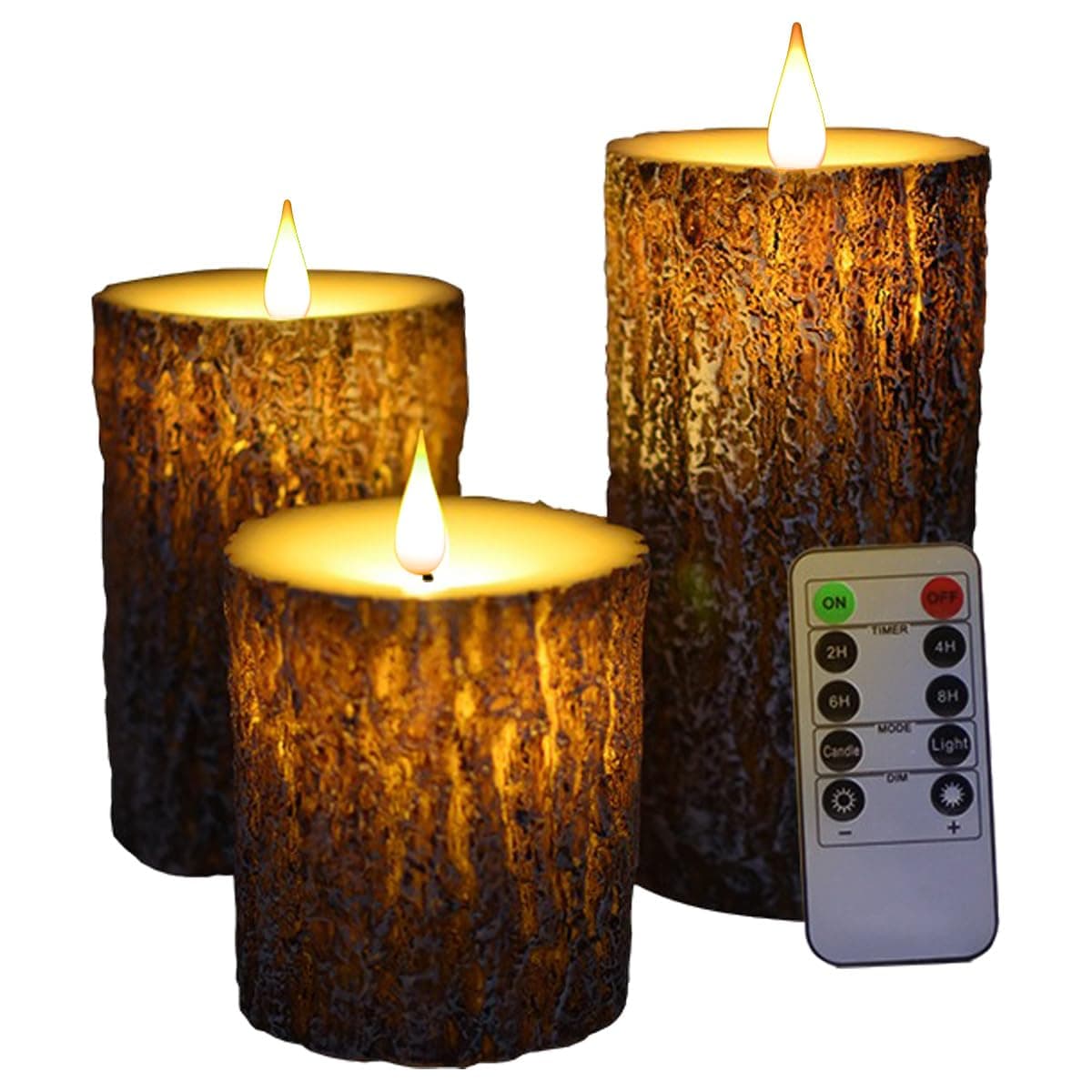 Niceme Real Wax Flameless Pine Bark Candles Set of 3 with Remote Timer