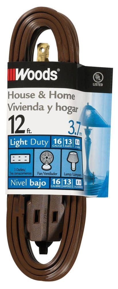 Woods 12ft 16 Gauge SPT-2 3-Outlet Cube Tap Extension Cord, Brown