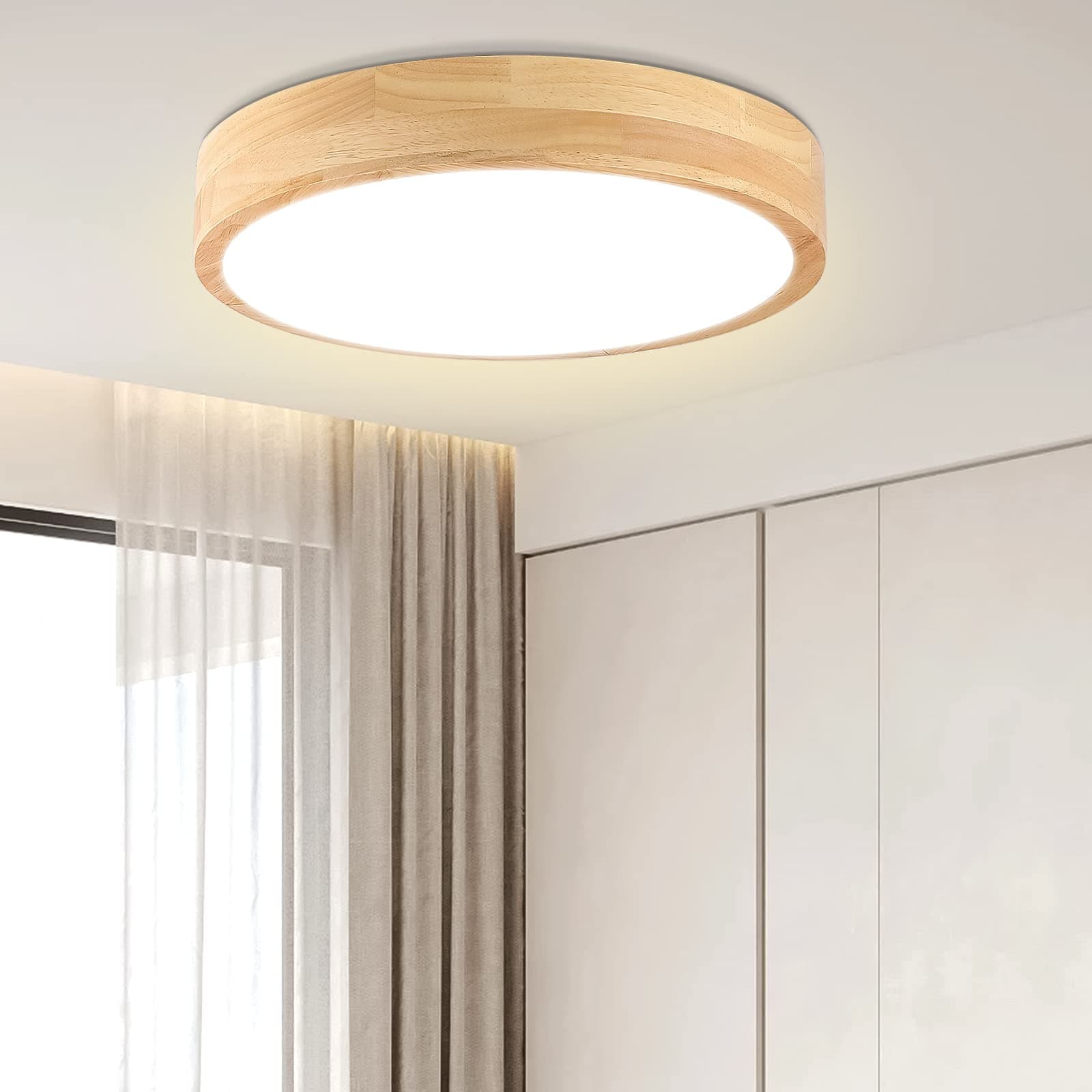 12 Inch 24W Wood Flush Mount Ceiling Light for Bedroom, Kitchen & Hallway, Natural White 4500K