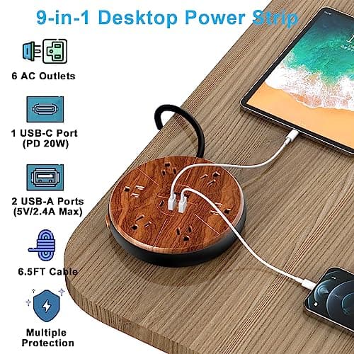 Power Strip with 20W USB-C, 6.5 FT Extension, 6 Outlets, 1 USB-C, 2 USB-A, TOPREK Surge Protector, Wood Desk Power Strip