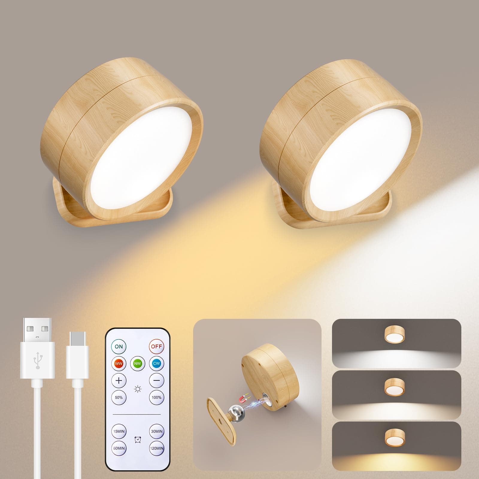 Brightown 2 Pack USB Rechargeable LED Magnetic Wall Sconce with Remote and Dimming