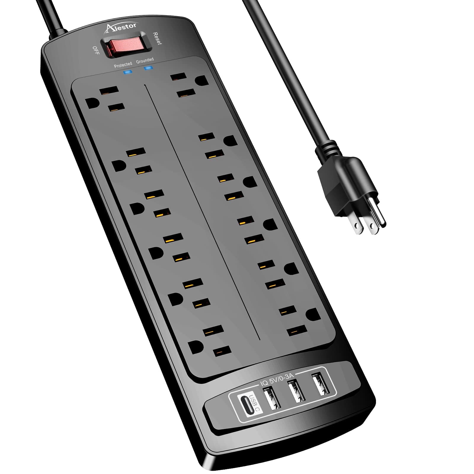 ALESTOR 12-Outlet Surge Protector with 4 USB Ports, 6 Feet Black Extension Cord