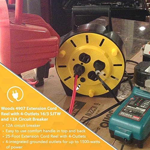 Woods Heavy-Duty 25ft 16-Gauge 3-Conductor Extension Cord Reel, 4-Outlets, 4907