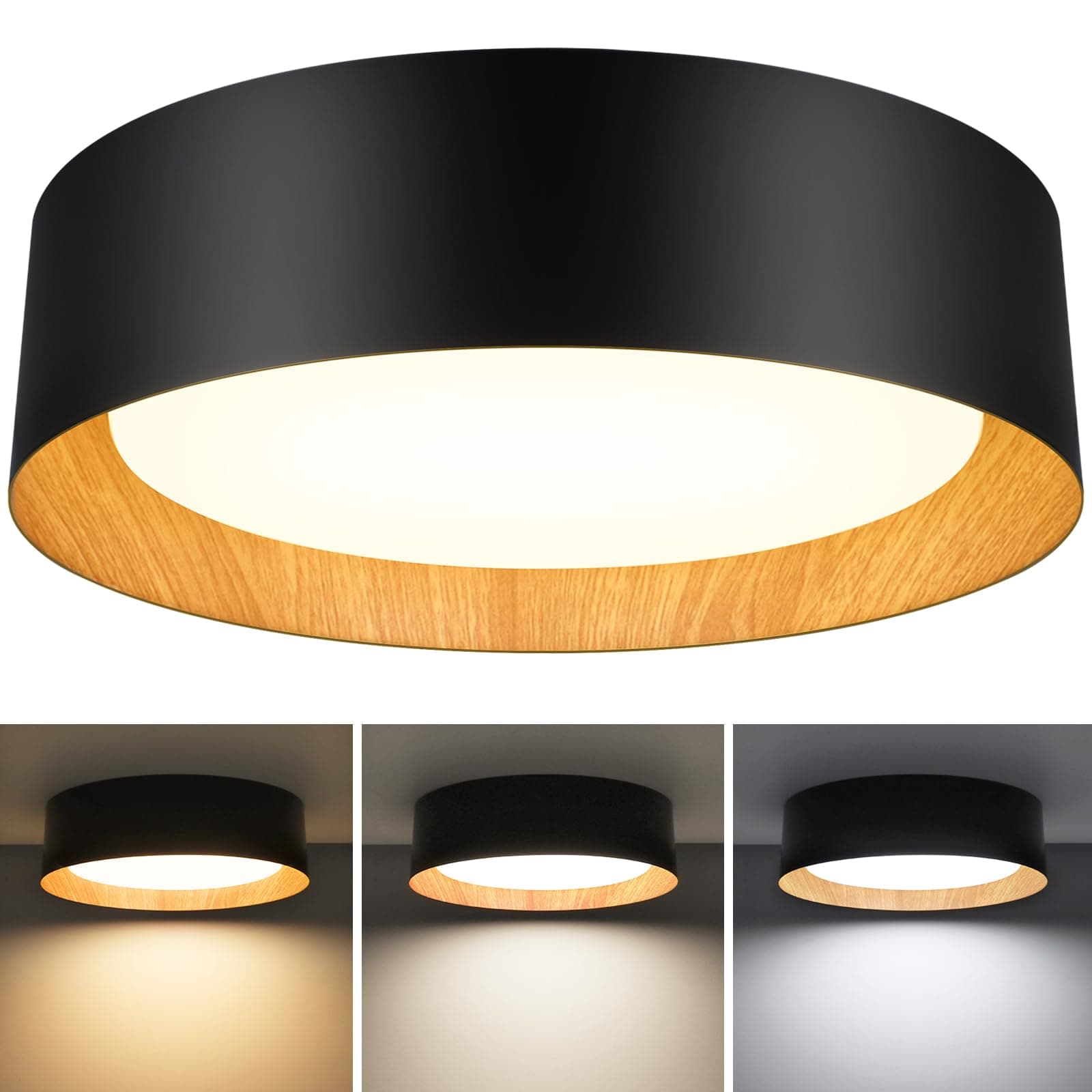 13in 250W Equivalent Dimmable 3CCT Adjustable LED Flush Mount Ceiling Light, Black & Wood