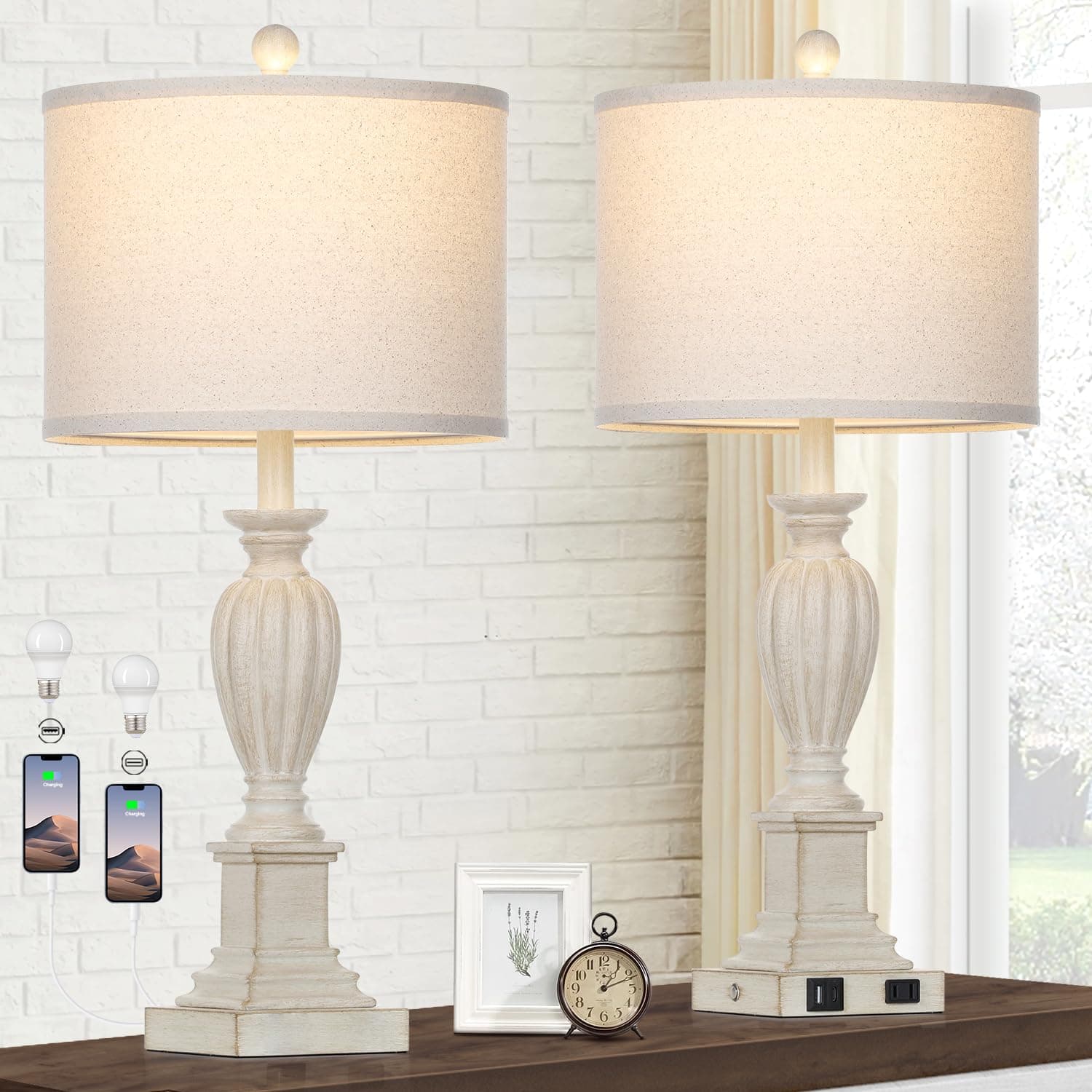 27" Rustic Farmhouse Dimmable Touch Table Lamp Set of 2 with USB Ports