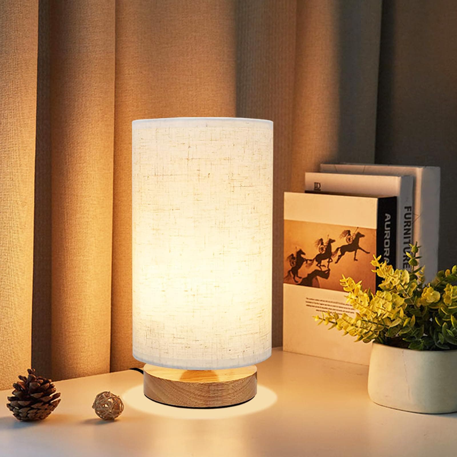 Minimalist Wood Base Small Bedside Lamp with Round Fabric Shade, Cozy Warm White Nightstand