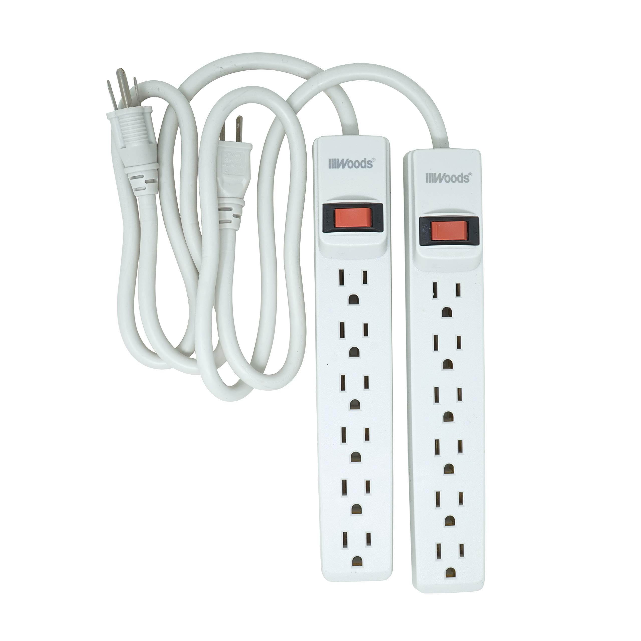 Power Strip with 6 Outlets, 2.5' Cord and Durable White Housing, 2-Pack