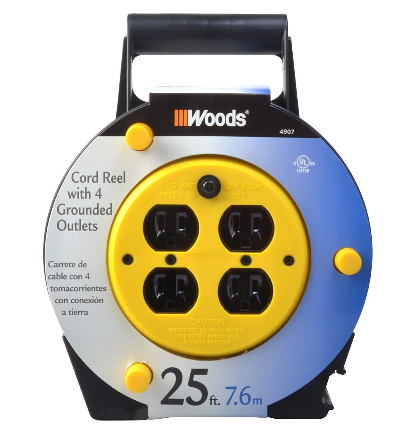 Woods Heavy-Duty 25ft 16-Gauge 3-Conductor Extension Cord Reel, 4-Outlets, 4907