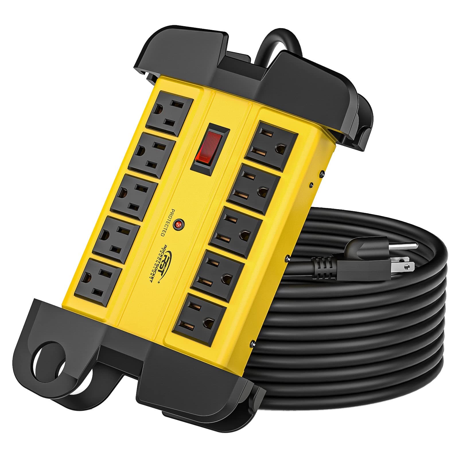 CRST 10-Outlet Heavy Duty Power Strip with 15-Amp Surge Protector, 15-Foot Cord, ETL Listed (Yellow)