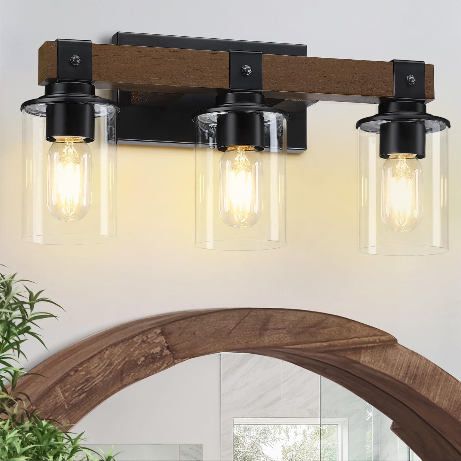 3-Light Rustic Wood Farmhouse Vanity Light with Industrial Black Sconces and Bubble Glass Shade