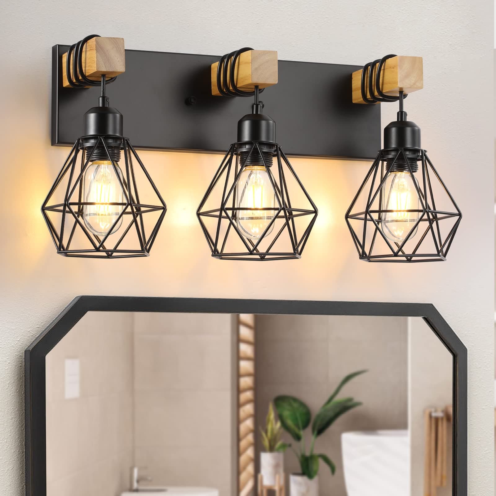 Rustic 3-Light Wood Bathroom Vanity Light with Elegant Metal Shade for Bathroom, Living Room, Hallway