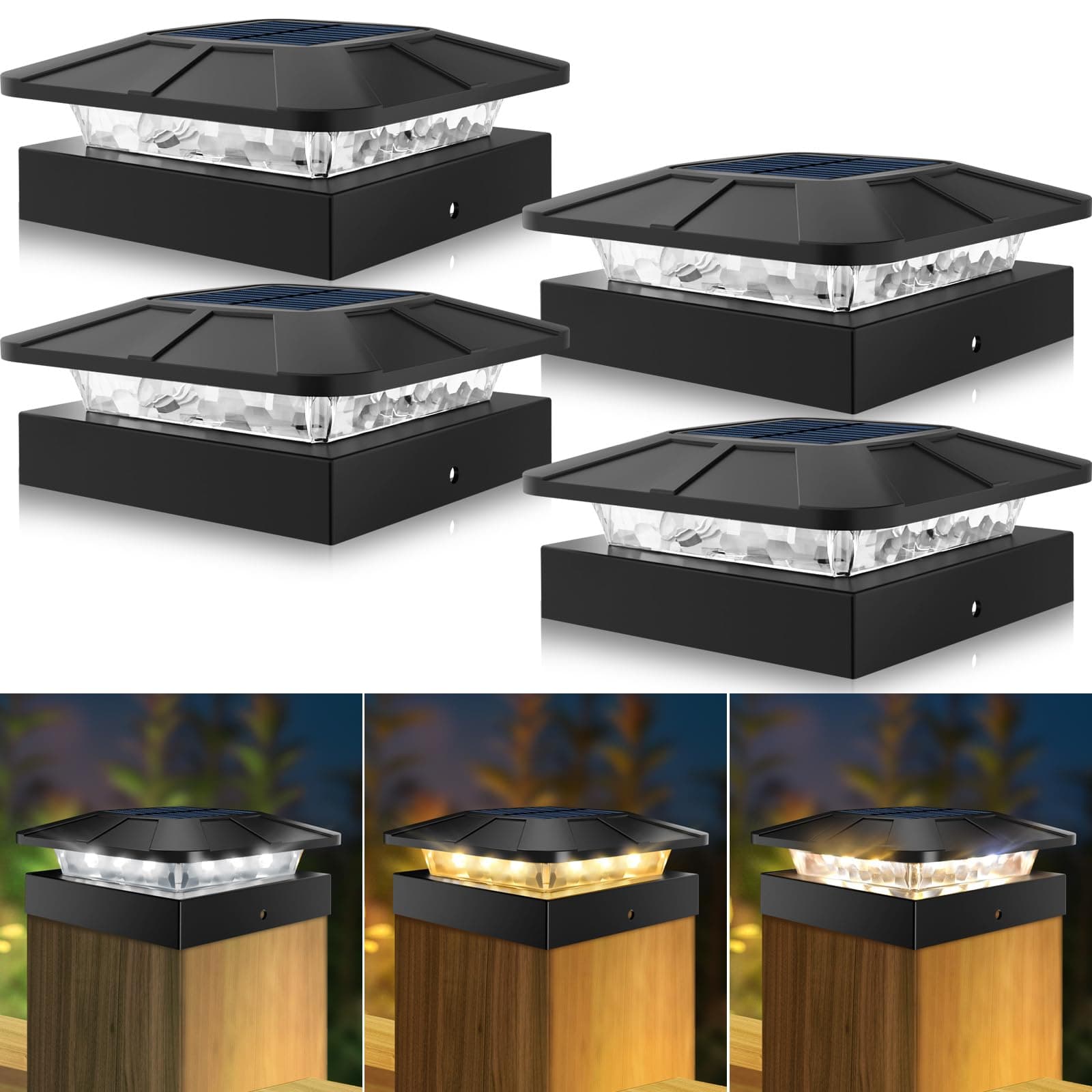 4x4in Solar Post Cap Lights 3 Modes, 4 Packs, Waterproof for Wood/Vinyl Posts Outside