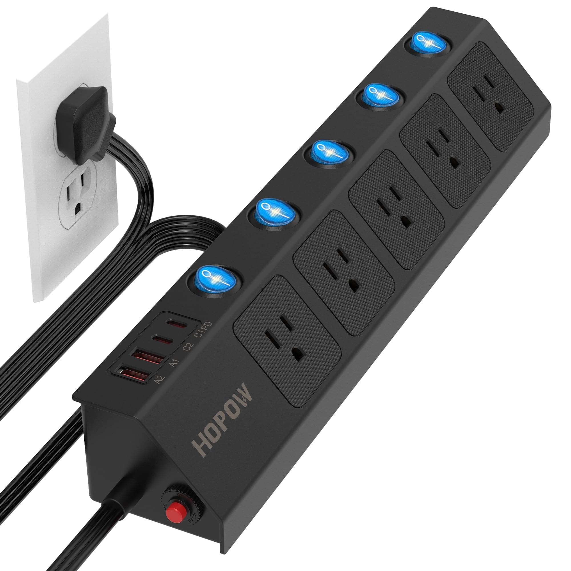 Flat Plug Power Strip with Individual Switches, 5-Outlet Surge Protector with 2 USB-C (20W PD) & 2 USB-A, 1700 Joules, Wall Mount for Home Office, Black