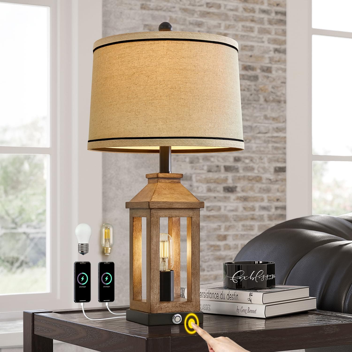 23.75" Vintage Modern Farmhouse Lamp with Touch Dimming & USB Ports for Living Room/Bedroom