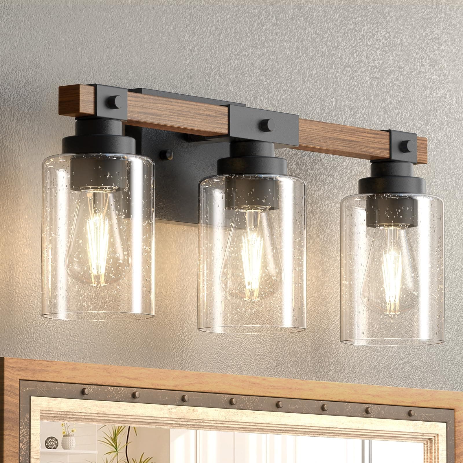 Amico Rustic Wood 3-Light Farmhouse Vanity Light with Black Sconces and Bubble Glass Shade