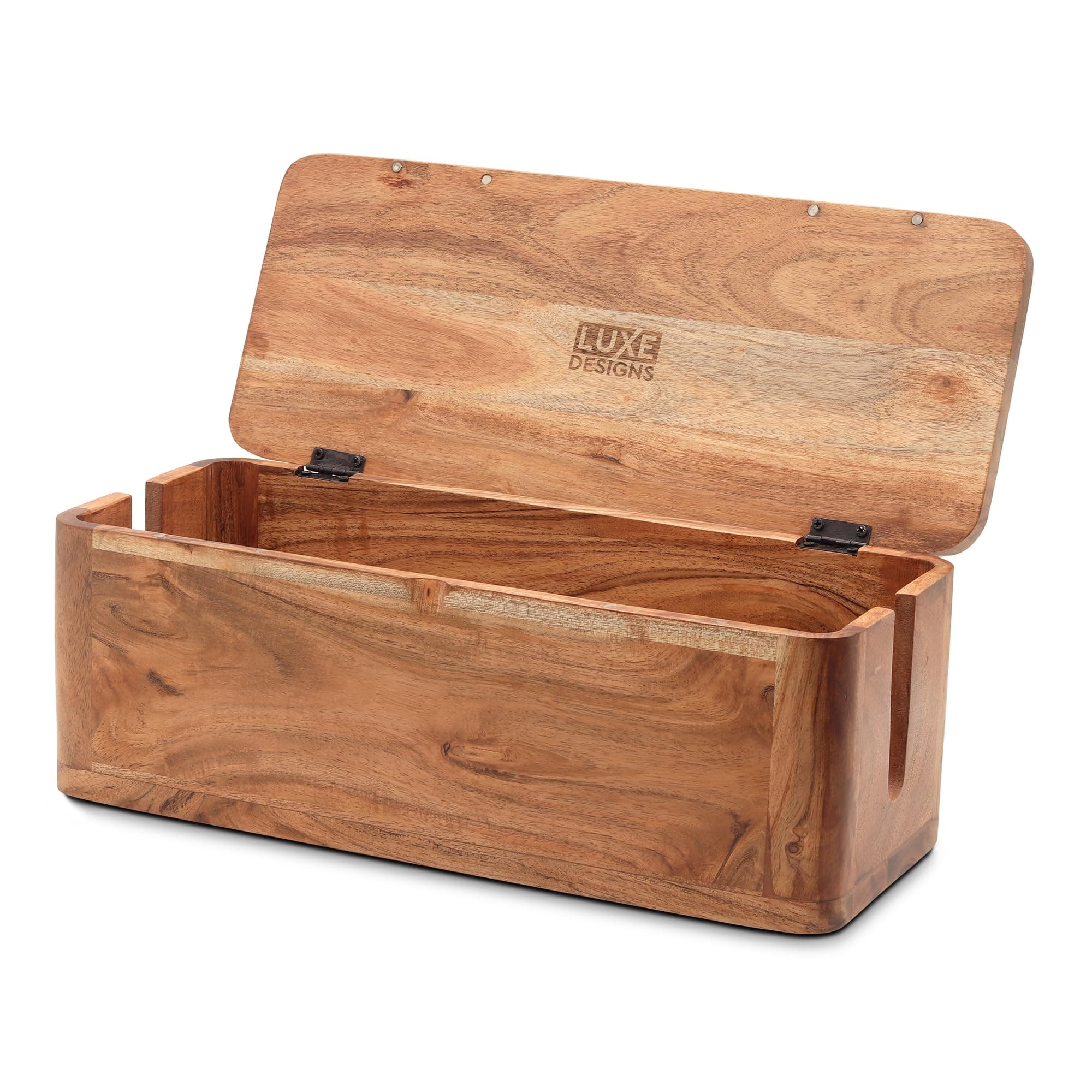 Acacia Wood Large Cable Management Box - Power Strip and Desk Cord Organizer