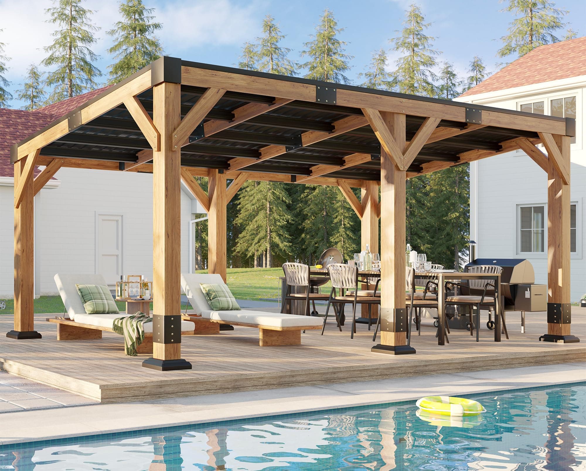 AMERLIFE 10 x 20 FT Solid Wood Gazebo with Metal Hardtop, Large Outdoor Grill Canopy
