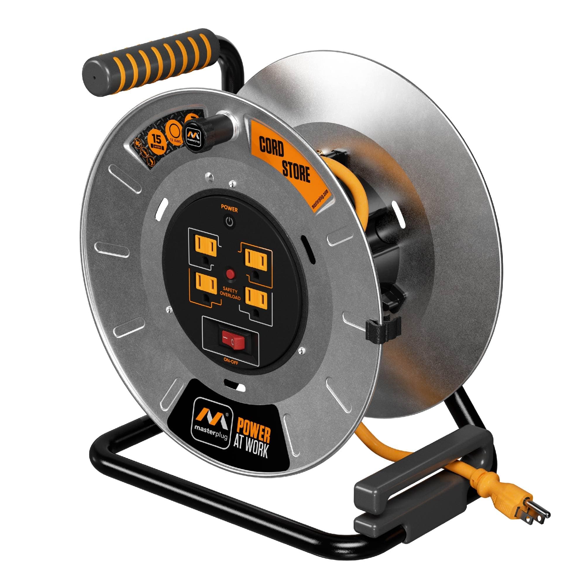 1ft Metal Cord Reel with Safety Breaker & 4 Outlets, 15A 12AWG Cable